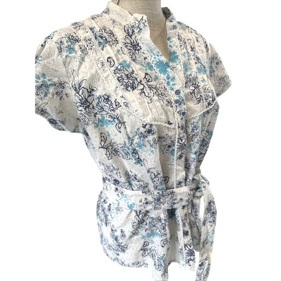 Point Zero Womens Large Floral Button-Up Blouse With Tie Belt L - Picture 3 of 7